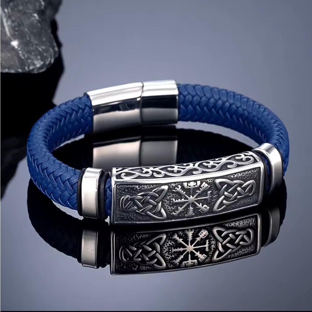 Blue Braided Leather Men's Bracelet with Silver Celtic Accent